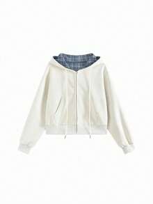 Korean Style Chic Versatile Minimalist Casual Loose Slouchy Plaid Patchwork Sweatshirt Short Jacket Women's Top Autumn/Winter - Apricot - View 5