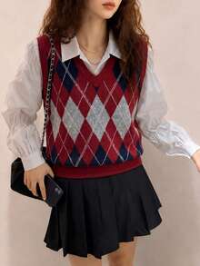 Women's Autumn/Winter Diamond Pattern V-Neck Pullover Sweater Vest - Red - View 4
