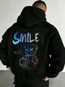 Plus Size Men's Hoodie, Autumn/Winter Street Style, Bear Graphic With English Slogan, Kangaroo Pocket - Black - View 1