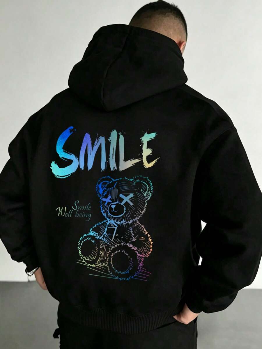 Plus Size Men's Hoodie, Autumn/Winter Street Style, Bear Graphic With English Slogan, Kangaroo Pocket - Black - View 1