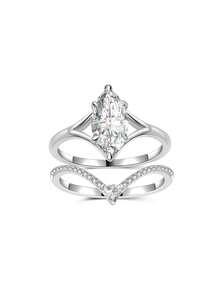 Besthing 2pcs S925 Sterling Silver 2CT Moissanite Marquise Main Stone Stackable Crown Design Bridal Quality Rings, Wedding Daily Accessories, Valentine's Day Anniversary Holiday Gift, Wedding Season - Multicolor - View 10