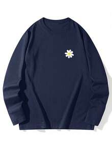 Women's Fashion Autumn/Winter Loose Round Neck Casual Street Versatile Daisy Print Long Sleeve T-Shirt - Navy Blue - View 5