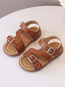 1 Pair Kids Vintage Roman Sandals With Double Buckle Adjustable Straps, Non-Slip Soft Sole, Open Toe Casual Beach Shoes For Boys And Girls, Summer - Brown - View 4
