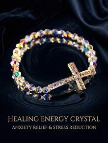 1pc/Crystal & Rhinestone Horizontal Cross Religious Prayer Bracelet For Women, Artificial Crystal Stress Relief Accessory (Due To Lighting And Angle Of Photography, There May Be Slight Color Difference Between The Actual Product And The Image) - Yellow - View 2