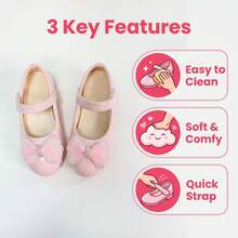 1 Pair Girls' Soft Nude Pink Princess Mary Jane Shoes With Hook And Loop, Mesh, Rhinestone Bow, Versatile For Birthday Party, Performance And Everyday Wear - Pink - View 2