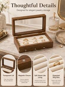 1PC Jewelry Organizer Box For Women, Brown Wood Grain Jewelry Storage Case With Clear Display Lid & Magnetic Closure, Multi-Slot Ring Earring Holder For Vanity Dresser Bedroom Home Decor Gift - Multicolor - View 3