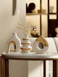 3pcs/Set White & Gold Electroplated Ceramic Vase Set Modern Nordic Aesthetic Decorative Flower Vase For Dried Flowers Table Home Decor - 1PC - View 5