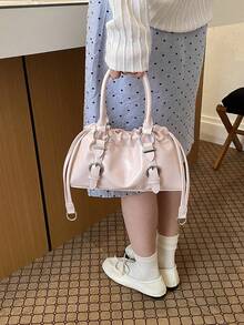 Solid Color Glossy One Shoulder Bag, Ruched Drawstring Design, Short Handle And Detachable Crossbody Strap, Flexible Switching Between Handheld And Crossbody, Ample Interior Space To Store Phone, Lipstick, Powder, Earphones And Other Daily Essentials, Suitable For Daily Shopping, Commuting, Work, Dating And Travel - Pink - View 5