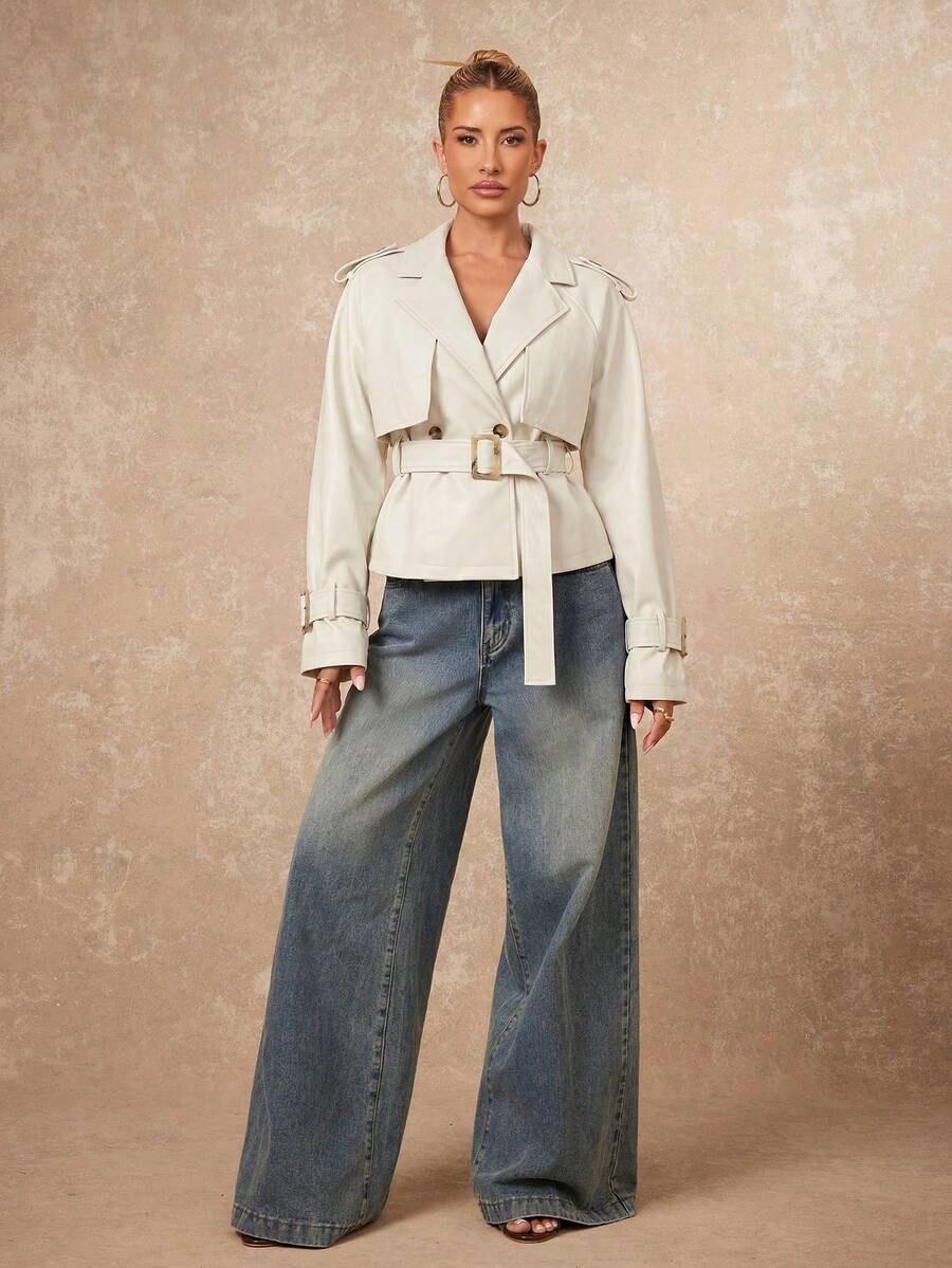 Casual Women's Solid Color Double Breasted Long Sleeve Trench Coat - Apricot 2 - View 1