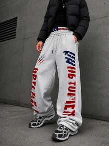 Modcrash Men's Double Waistband Printed Loose Sweatpants, Drawstring Elastic Waist Wide Leg Casual Street Style Joggers, Suitable For Daily Wear - Light Grey - View 4