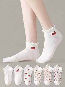 ZUJO 5 Pairs Women's Mesh Lace Ruffle Hollow Cable Knit Short Socks, Floral Bow Cherry Strawberry Pattern, Simple & Comfortable, Suitable For Spring, Autumn, Summer - Multicolor - View 5