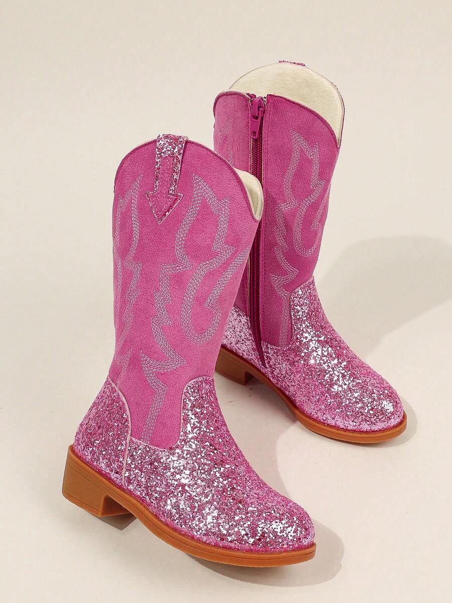 Fashionable Pink Glitter Cowboy Boots For Girls, Embroidered Side Zipper Mid-Calf Shoes - Baby Pink - View 1
