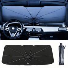 1pc Manual Folding Car Sunshade | Car Window UV Protection Sunshade, Business Gift, Practical Summer Car Accessory. Effectively Blocks Direct Sunlight And Lowers Interior Temperature. Easy To Fold And Store, Ideal Gift For Friends And Family. Can Also Be Used As An Umbrella In Special Circumstances (Fits Multiple Car Models, Slight Size Variations May Occur Due To Batch Differences). - Black - View 3