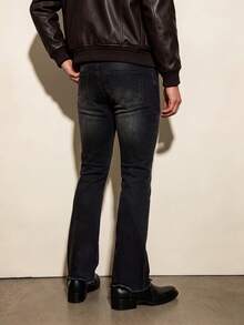 Men's Black-Grey Gradient Cat Whisker Distressed Ripped Knee Destroyed Design Frayed Hem Vintage Versatile Stretch Flare Jeans - Black - View 5