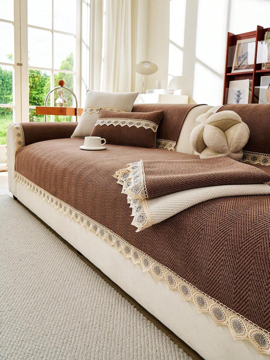 1pc Herringbone Textured Linen Sofa Throw Cover, Lace Trim Non-Slip Breathable Couch Protector, All Season Washable Furniture Slipcover - Coffee Brown - View 1