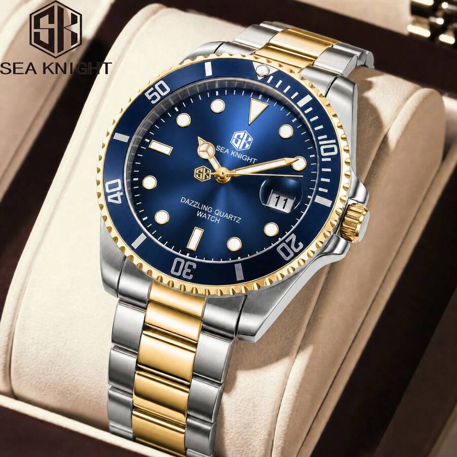SEA KNIGHT Top Man Men's Business Fashion Steel Band Watch, Rotating Bezel, Luminous, Date Display, 3Bar Waterproof, Quartz Watch