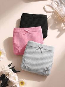 3pcs Solid Color Cotton Women's Underwear, Bow Lace Patchwork Ribbed Hipster Briefs, Comfortable Ladies Panties - Multicolor - View 4