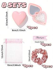 8/4/1 Set - Gender Reveal Party Favors, Pink Heart-Shaped Portable Folding Mirror Comb With Organza Bag And Thank You Card Gift Set - DIY Fillable Gift Bag, Cute Pink Heart Folding Mirror Comb, Scalp Massage Gift Packaging Bag Thank You Gift - Suitable As Baby Shower Party Favors, Baby Shower Gifts, Gender Reveal Party Theme, Children's Birthday Gifts, Guest Favors, Ideal Choice For Party Supplies And Decorations - Multicolor - View 12