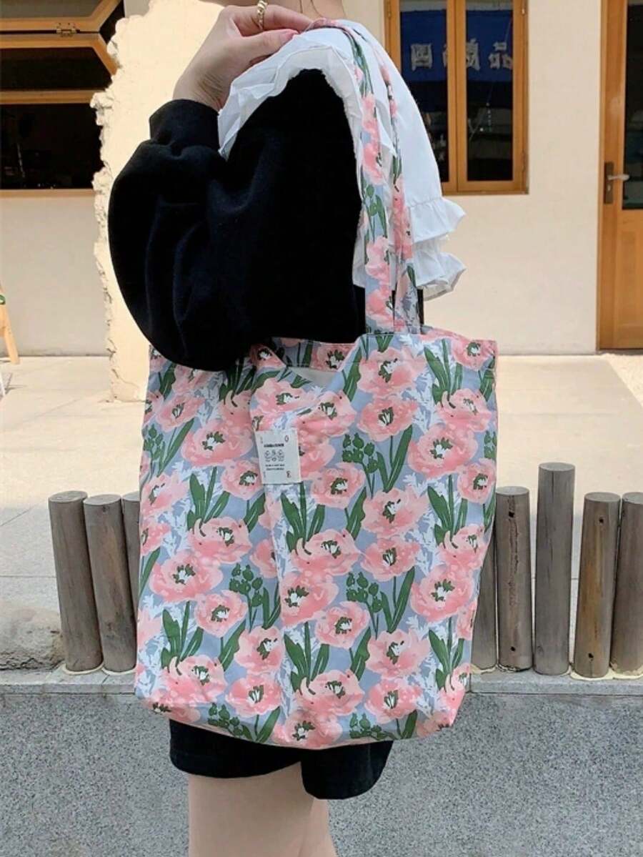 清新多彩花卉撞色布料大容量單肩托特包