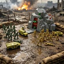 Military Theme Kids Cave Launch Base Toy Set With 24 Soldier Figures, 4 Types Of Armored Combat Vehicles: Tank, Fighter Jet, Armored Vehicle, Troop Carrier, Immersive Battlefield Scene Simulation Toy - Green - View 3