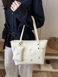 1pc Women's Fashion Commuter Solid Color All-Season Random Print Shoulder Bag, Versatile Large Capacity Butterfly Print Tote Bag, Suitable For Commuting, Travel, Outings - White - View 2