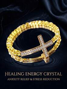 1pc/Crystal & Rhinestone Horizontal Cross Religious Prayer Bracelet For Women, Artificial Crystal Stress Relief Accessory (Due To Lighting And Angle Of Photography, There May Be Slight Color Difference Between The Actual Product And The Image) - Yellow - View 10