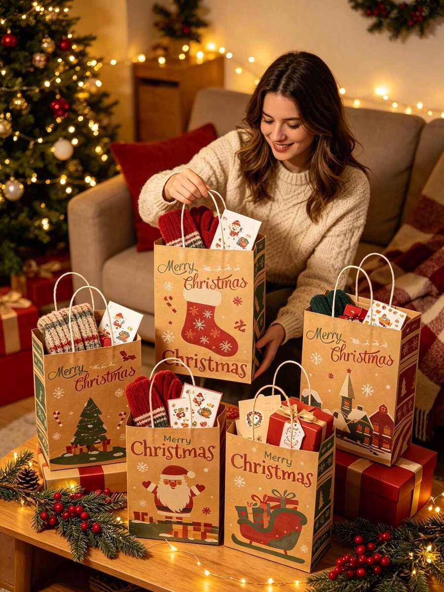 1 Set Christmas Kraft Paper Gift Bags, Perfect For Holiday Gifting, Parties, Markets And Gift Exchanges, Suitable For Packaging Small Gifts And Party Favors, An Excellent Choice For Holiday Gift Wrapping - Multicolor - View 1