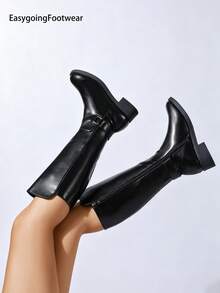 Women's Autumn/Winter Side Zipper Buckle Low Heel Riding Boots, Round Toe Comfortable, Easy To Care, Versatile For Party And Commute - Black - View 8