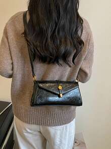 Fashion Solid Color PU Flap Shoulder Bag, Metal Decoration, Suitable For Women Shopping, Dating, Gift And Daily Use - Black - View 5
