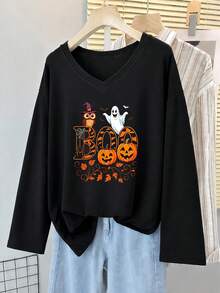 Plus Size V‑Neck Long Sleeve Tee, Boo Ghost Pumpkin Owl Halloween Print Loose Casual Top For Curvy Women - Black - View 12