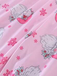 2pcs/Set Christmas Children's Short Sleeve Pajama Set, Flame Retardant Fabric, Cartoon Santa Claus Print Pattern, Ruffle Design On Cuffs, Hem And Pockets, Lapel Short Sleeve Cardigan And Long Pants Set, Suitable For All Seasons, Comfortable And Loose For Home Wear, Girls Middle And Big Tween Girl - Pink - View 9