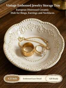 1pc Vintage Embossed Jewelry Storage Decorative Tray, 4.25 Inch, European Retro Distressed Ceramic Dish, Vanity Ring & Earring Storage Display Plate, Home Interior Decor, Daily Use & Gift Item - Multi-color 11 - View 2