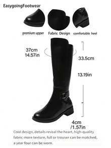Women's Autumn/Winter Side Zipper Buckle Low Heel Riding Boots, Round Toe Comfortable, Easy To Care, Versatile For Party And Commute - Black - View 9