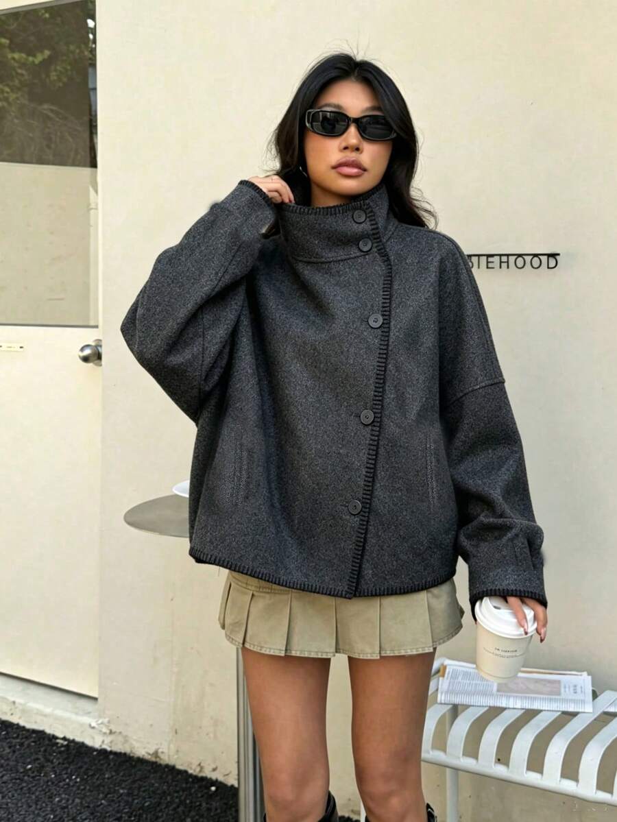Seelio Autumn/Winter New Women's European & American Style Fashion Minimalist Versatile Loose High Neck Long Sleeve Button-Up Jacket - Dark Grey - View 1