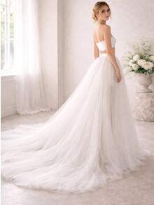 1pc Ivory 5-Layer Detachable Tulle Wedding Overskirt, Long Train Slit Mesh Skirt, Suitable For Outdoor Wedding, Bridal Photography, Ball And Fairy Cosplay Accessory - White - View 7