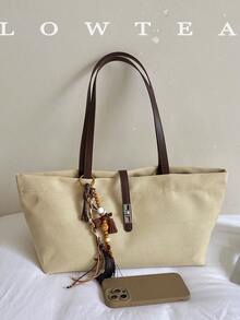 low tea 1pc Minimalist Square Canvas Shoulder Bag Suitable For Commuting, Shopping, Etc. (With Pendant) - White - View 4
