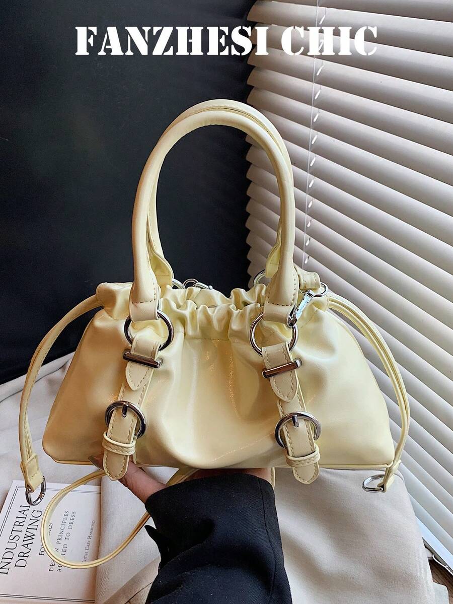 Solid Color Glossy Leather Shoulder Bag, Ruched Drawstring Design, Short Top Handle And Detachable Crossbody Strap, Flexible Switching Between Handheld And Crossbody, Ample Interior Space To Store Phone, Lipstick, Powder, Earphones And Other Daily Essentials, Suitable For Daily Shopping, Commuting, Work, Dating And Travel - Yellow - View 1