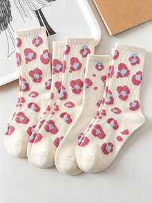 5 Pairs Pink Girl Mid-Calf Socks, Strawberry & Heart Print Cotton Socks, Japanese Sweet Versatile Women's Socks - Multicolor - View 8