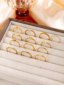 13pcs Fashionable Elegant Stainless Steel Women's Rings, Starry Sky Heart Bow Flower Butterfly Love Element Design, Suitable For Daily Wear, Dating, Photography, Party, Holiday Accessories - Gold - View 6