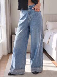 Mid-Waist Wide Leg Jeans With Waist Adjustment Buckle, Rhinestone Rolled Hem, Light Wash Loose Fit Casual - Medium Wash - View 2