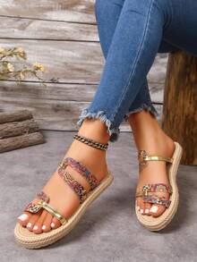 Women's Elegant Patchwork Slip-On Wide Fit Flat Sandals With Gold Stripe Accents, Comfortable For Outdoor And Vacation Wear - Red - View 4