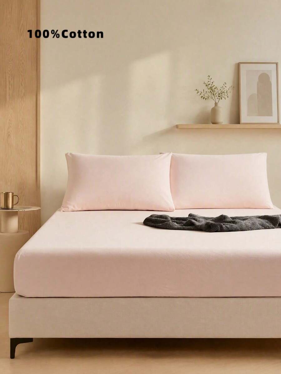 1pc Solid Light Pink Fitted Sheet, Mattress Protector, Mattress Cover, Fitted Sheet, Soft & Breathable, Fits Various Bed Sizes - Twin, Full, Queen, King, Deep Pocket Design Up To 11.8 Inches, Dorm Bedding, Back To School Bedding - Baby Pink - View 1