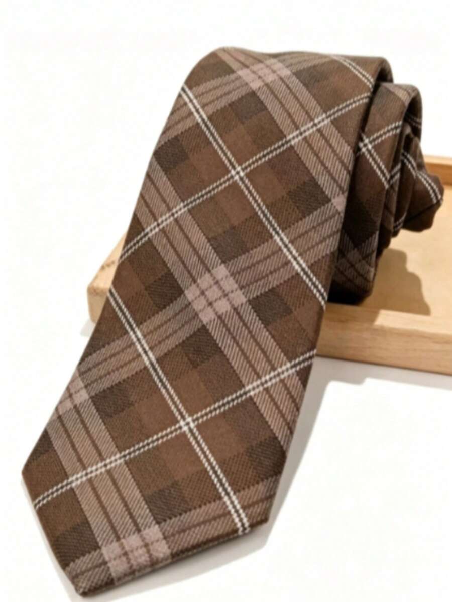 1PC Men's Fashion Striped Plaid Business Style Versatile Tie, Gift Choice - Brown - View 1