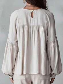 Off-White Solid Textured Shirt, Ruffle Deep V-Neck Puff Sleeve Layered Ruffle Blouse, Bohemian Style Loose Casual Shirt, Suitable For Daily Wear And Vacation - Light Grey - View 2
