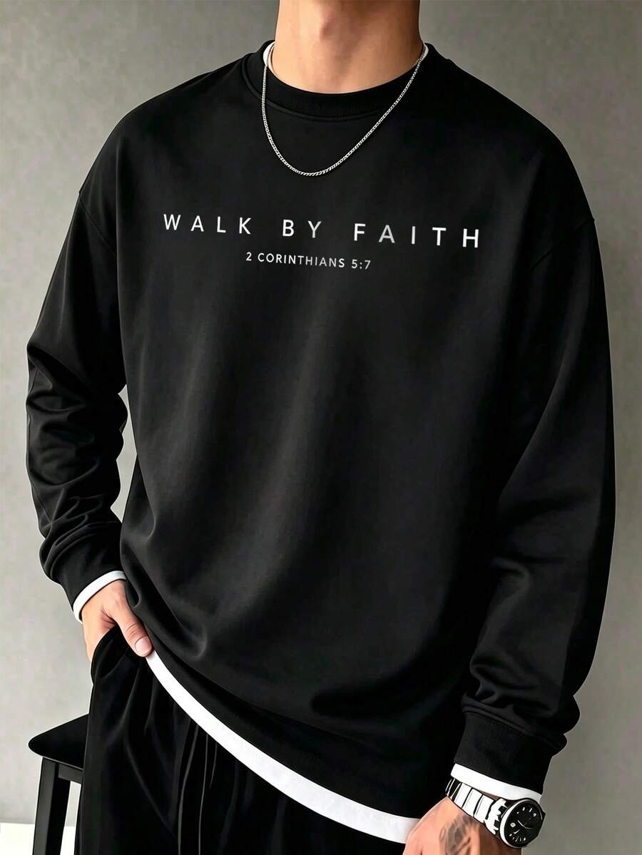 Men's Autumn/Winter Confidence Motivational Print 2 In 1 Long Sleeve T-Shirt, Breathable Knit Fabric, Regular Crew Neck Fit, Layered Look Casual Top