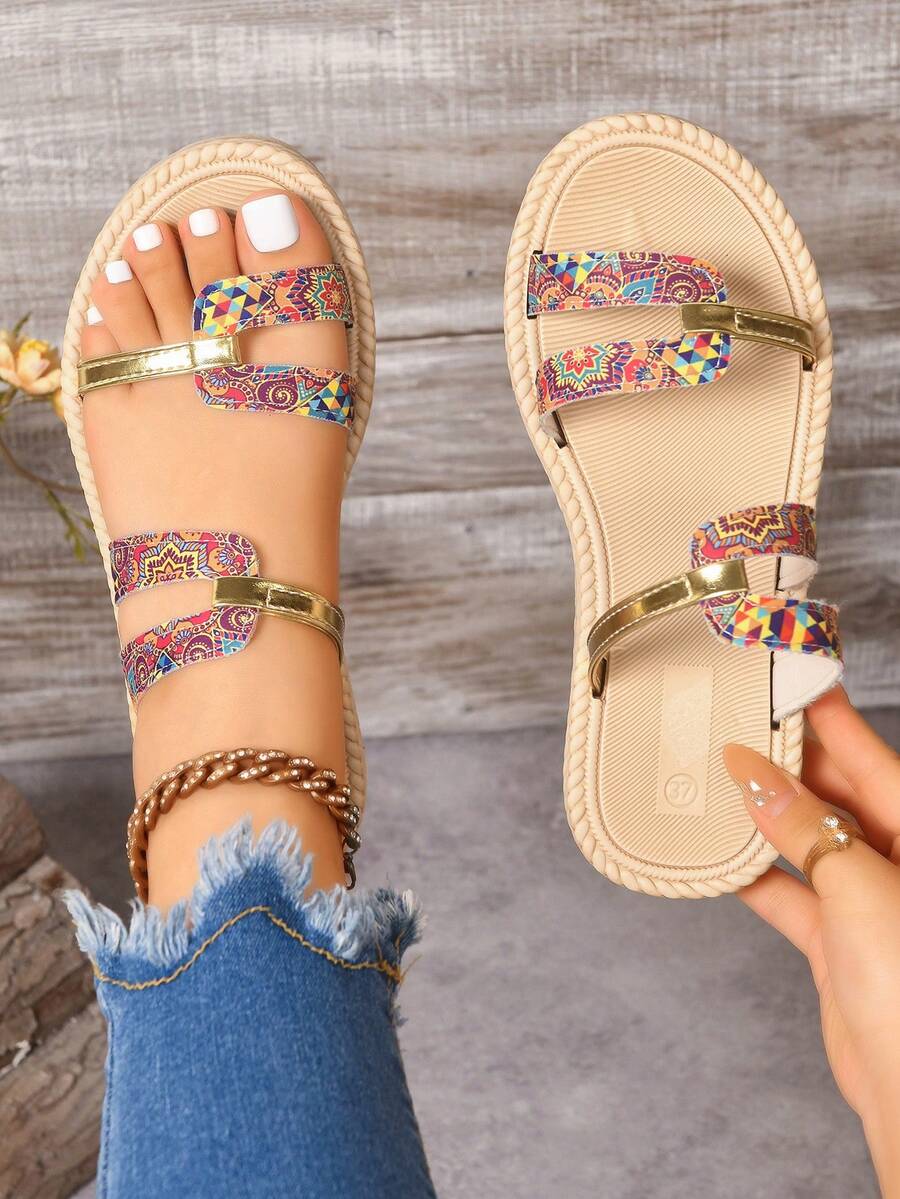 Women's Elegant Patchwork Slip-On Wide Fit Flat Sandals With Gold Stripe Accents, Comfortable For Outdoor And Vacation Wear - Red - View 1
