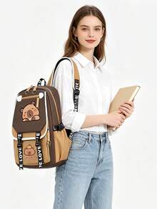 1pc Cute Water Vole Pattern Contrast Color Backpack, Large Capacity Lively Student Backpack. Note: Color, Letter And Lining Are Randomly Shipped. - Brown - View 9