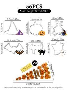 6/26/56Pcs Halloween Cookie Cutter & Candy Triangle Bag Set, Spooky Ghost Bat Pumpkin Witch Hat Cat Shaped Metal Biscuit Molds With Printed Treat Bags, For DIY Baking, Party Favors & Hand‑Made Clay Projects - View 12