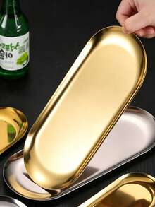 X WOTP 1pc Stainless Steel Oval Plate, Minimalist Oval Shaped Dinner Plate For Kitchen,Kitchen,Christmas Gift Back To School - Gold - View 6