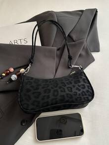 1pc Black Leopard Print PU Baguette Shoulder Bag For Women - Black - View 4